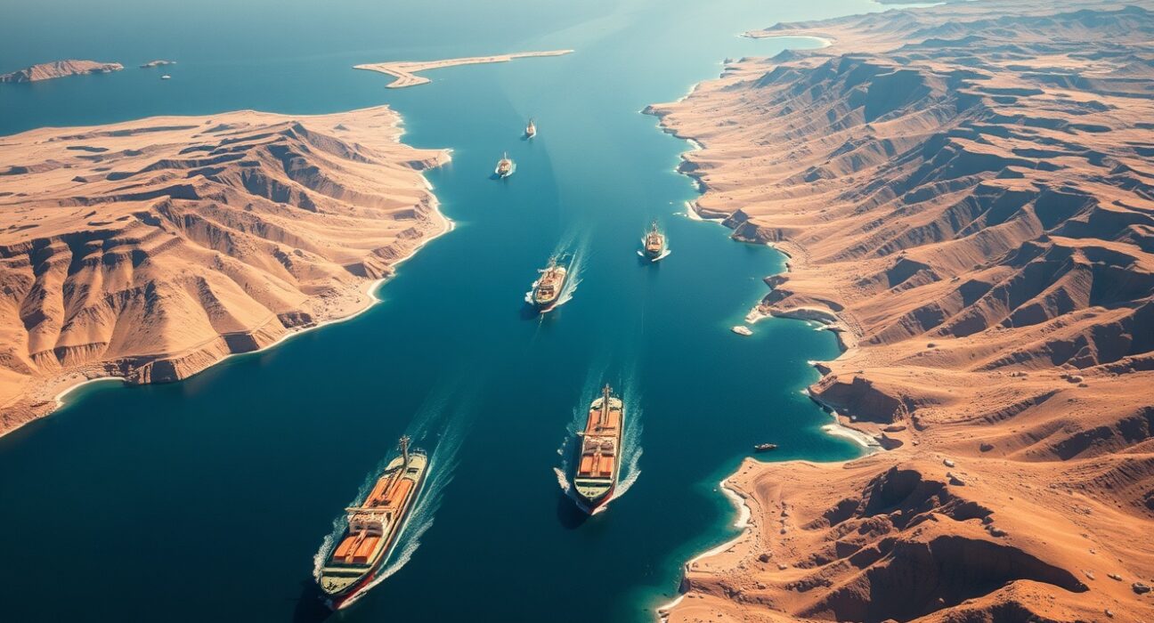 Strategic aerial view of the Strait of Hormuz, a critical global oil chokepoint and focus of Iran's blockade threat.