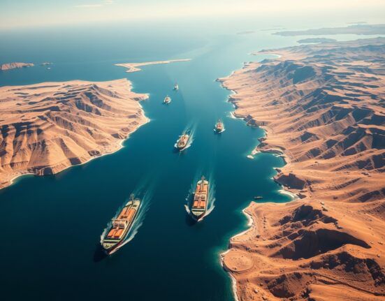 Strategic aerial view of the Strait of Hormuz, a critical global oil chokepoint and focus of Iran's blockade threat.