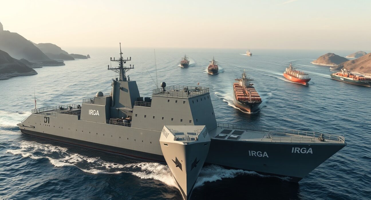 IRGC Navy vessel enforcing the Strait of Hormuz blockade as commercial ships wait