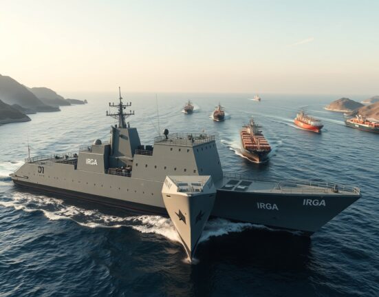 IRGC Navy vessel enforcing the Strait of Hormuz blockade as commercial ships wait