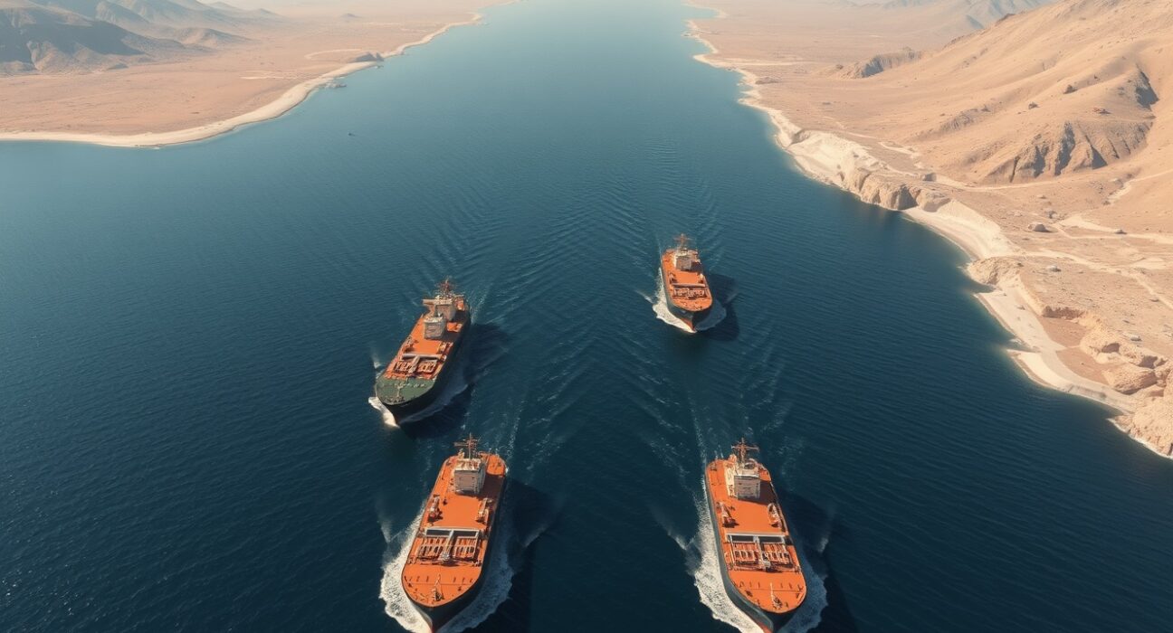 Strategic Strait of Hormuz oil shipping lane under threat of closure amid Iran-US tensions.