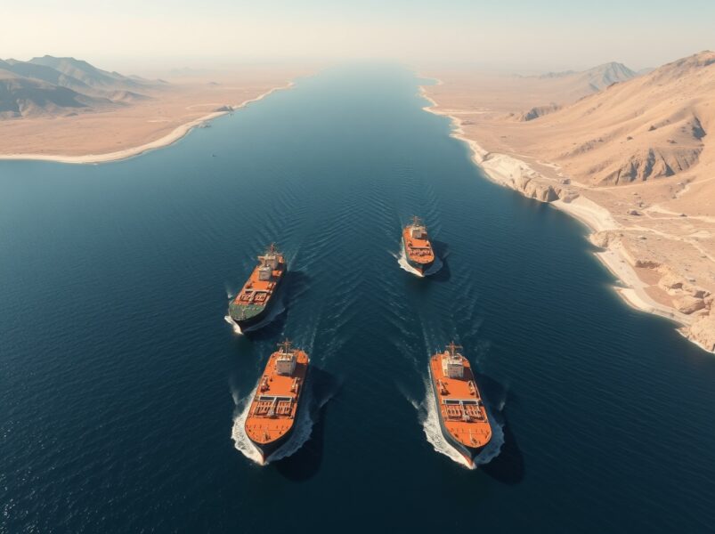 Strategic Strait of Hormuz oil shipping lane under threat of closure amid Iran-US tensions.