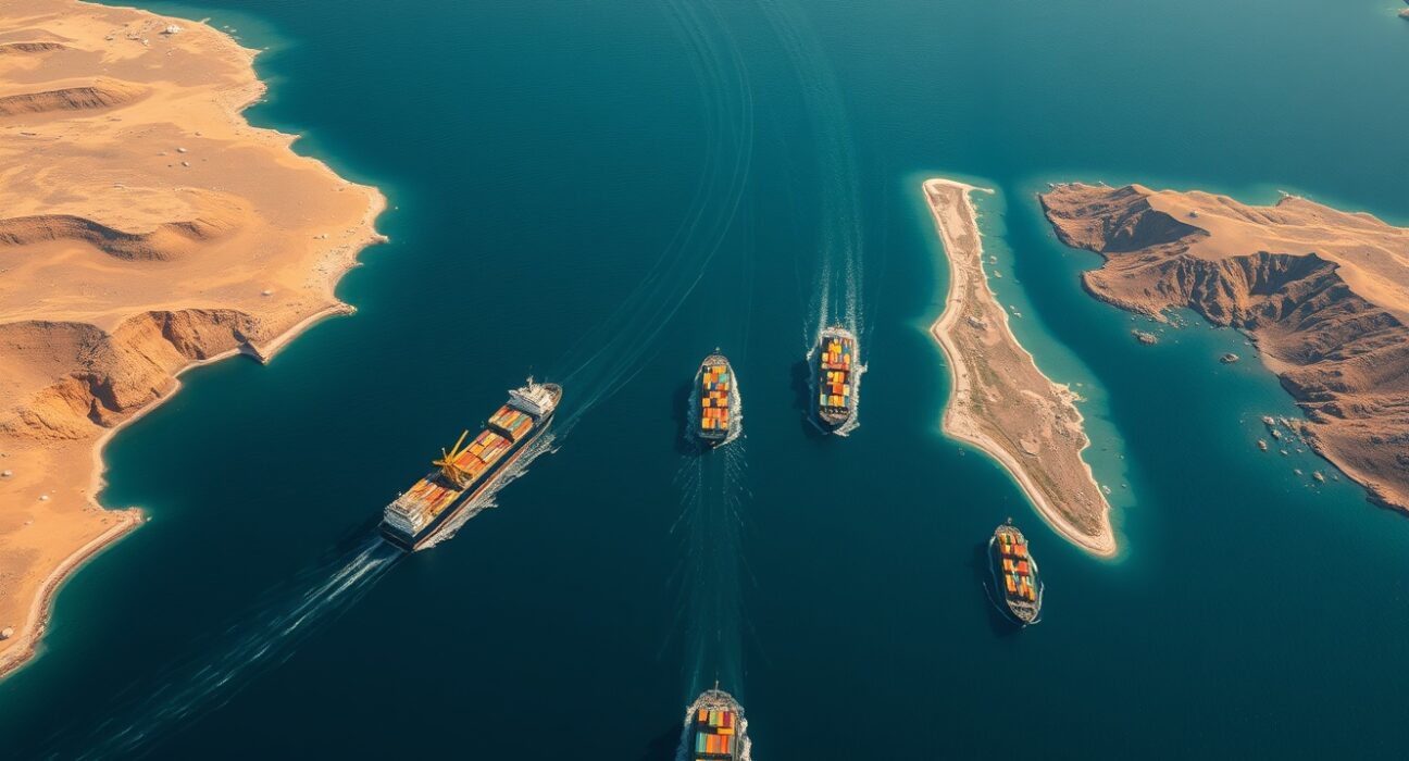 Aerial view of the strategic Strait of Hormuz waterway showing maritime traffic and coastlines.
