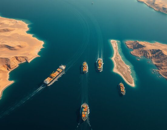 Aerial view of the strategic Strait of Hormuz waterway showing maritime traffic and coastlines.