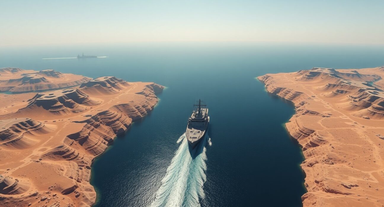 Strategic view of the Strait of Hormuz, a critical global oil shipping lane and current focus of Iranian security measures.