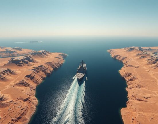 Strategic view of the Strait of Hormuz, a critical global oil shipping lane and current focus of Iranian security measures.