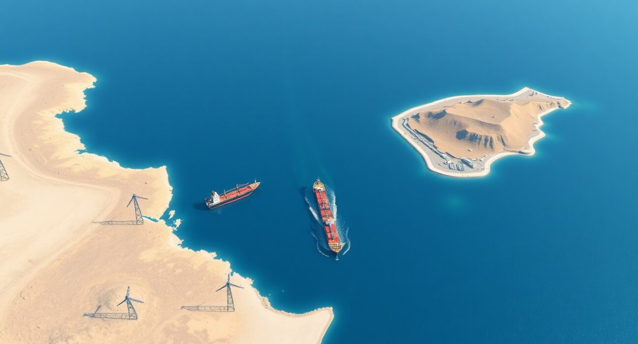 Strategic Strait of Hormuz waterway with shipping traffic, central to Iran's recent parliamentary announcement.