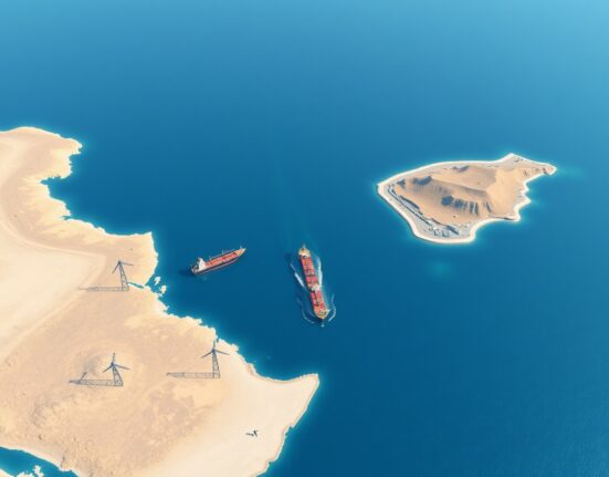 Strategic Strait of Hormuz waterway with shipping traffic, central to Iran's recent parliamentary announcement.