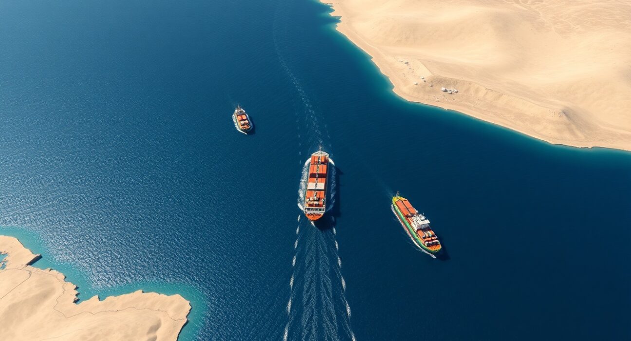 Strategic view of the Strait of Hormuz showing oil tankers navigating the vital global shipping corridor between Iran and Arabian Peninsula.