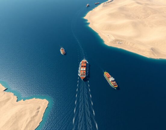 Strategic view of the Strait of Hormuz showing oil tankers navigating the vital global shipping corridor between Iran and Arabian Peninsula.