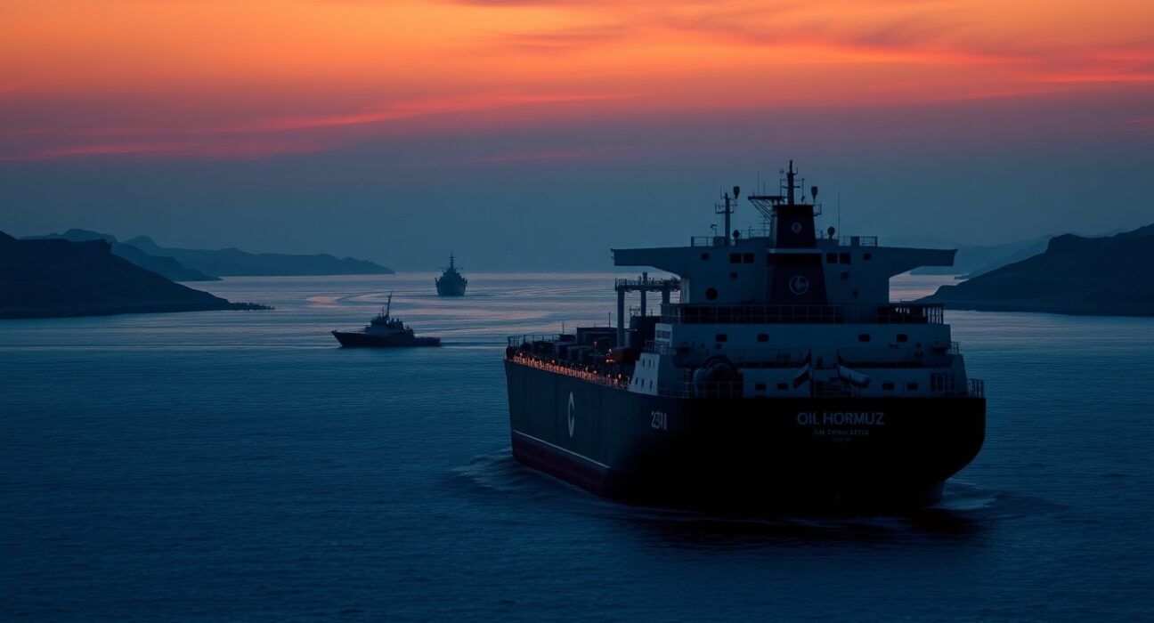 Oil tanker in the strategic Strait of Hormuz during escalating maritime security crisis.