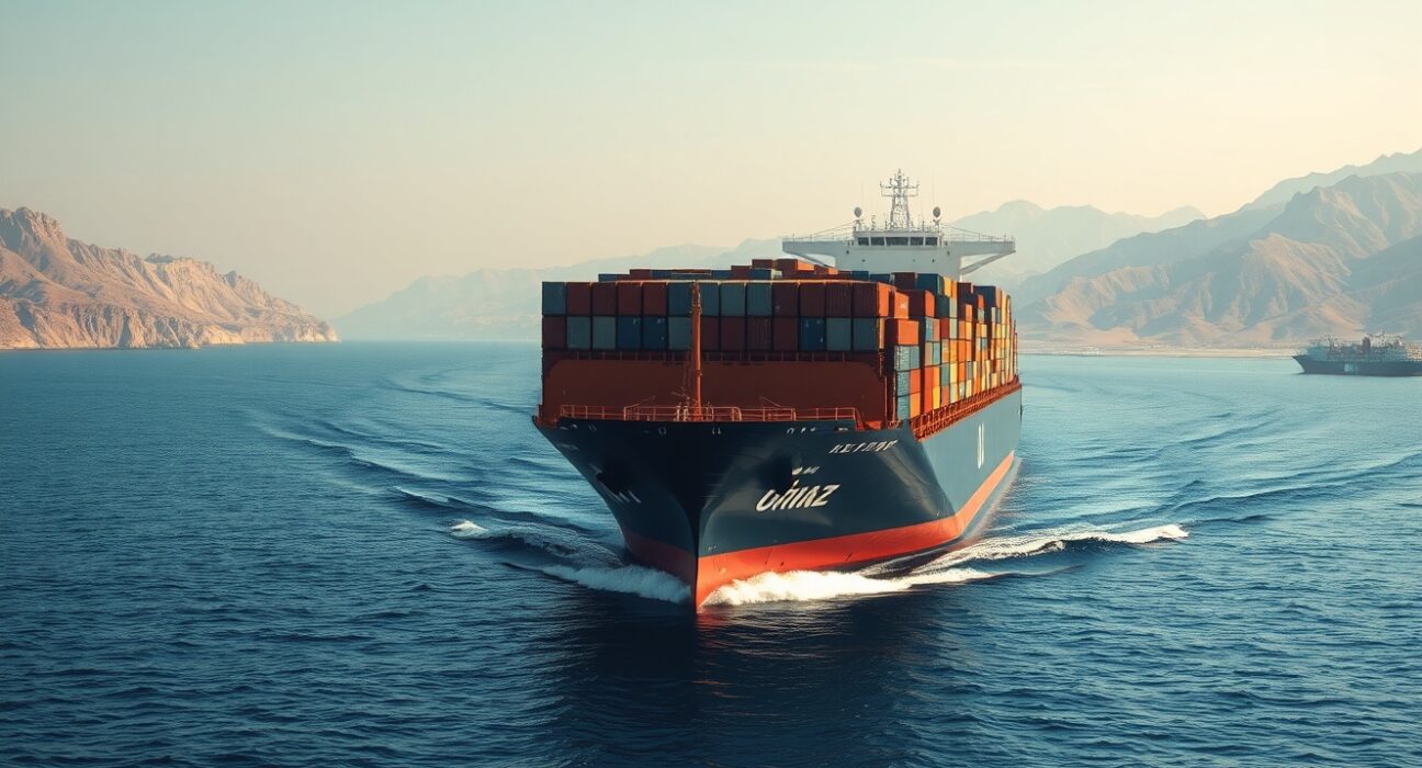 Commercial ship transiting the strategic Strait of Hormuz near Iran, illustrating maritime security and shipping routes.