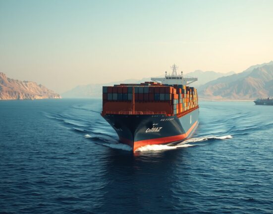 Commercial ship transiting the strategic Strait of Hormuz near Iran, illustrating maritime security and shipping routes.