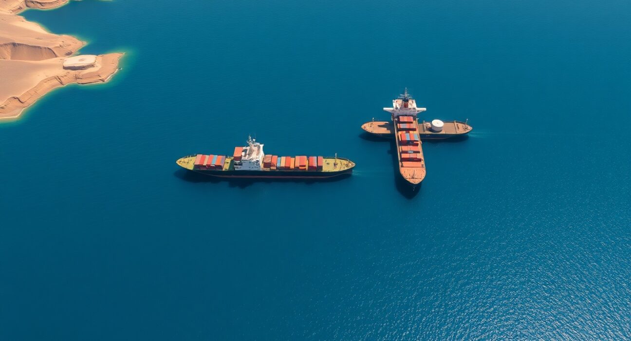 Aerial view of ships halted in the Strait of Hormuz, a key global oil shipping route.