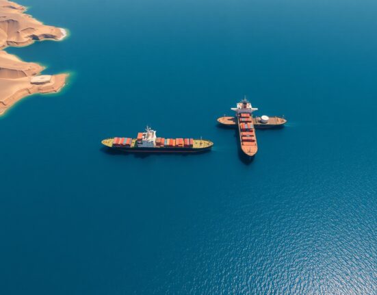 Aerial view of ships halted in the Strait of Hormuz, a key global oil shipping route.