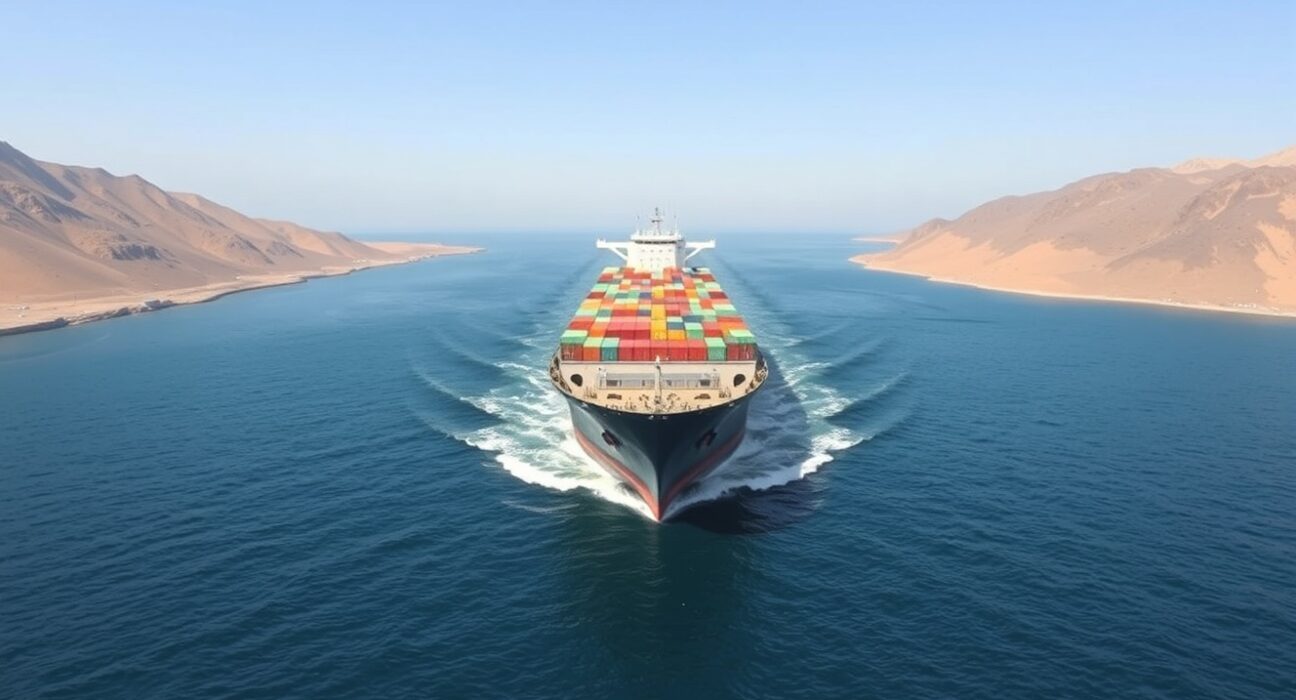 Commercial ship navigating the strategic Strait of Hormuz where Iran imposes new tolls.