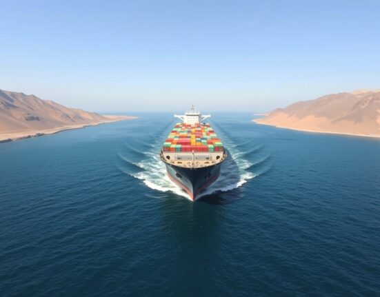 Commercial ship navigating the strategic Strait of Hormuz where Iran imposes new tolls.