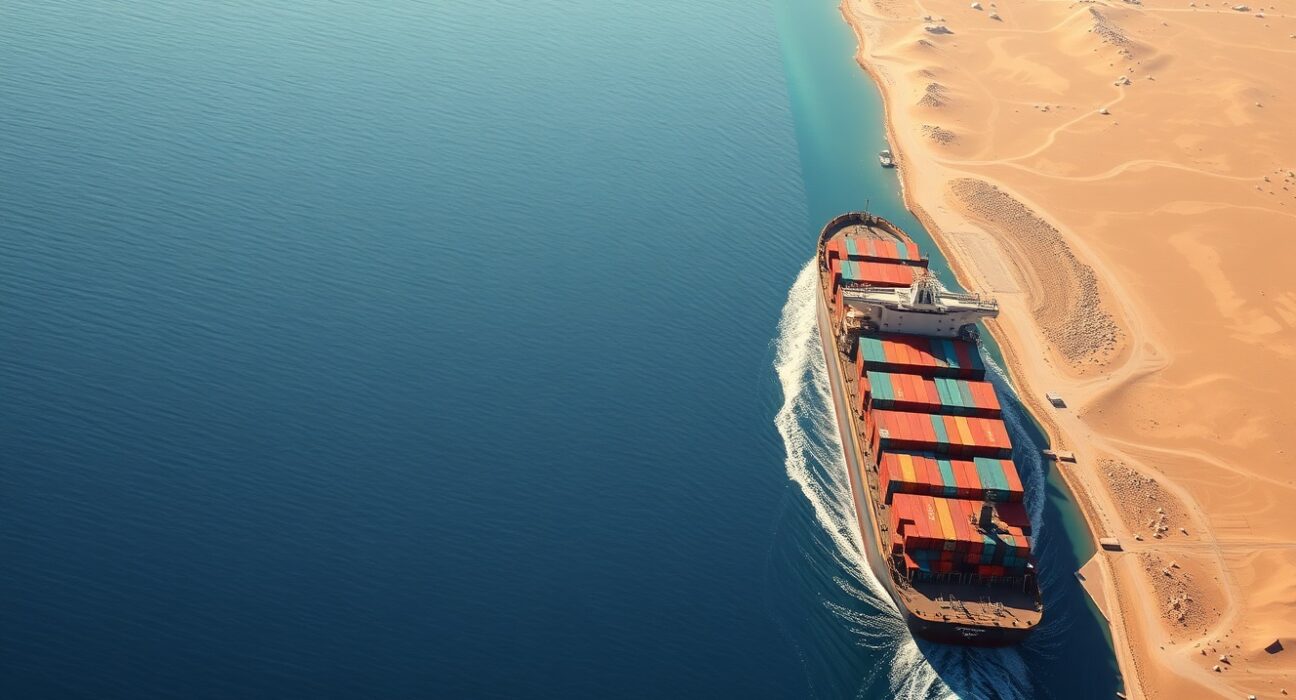 Container ship navigating the strategic Strait of Hormuz waterway near Iran