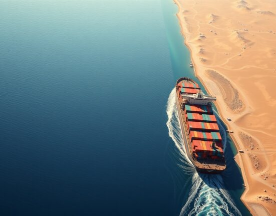 Container ship navigating the strategic Strait of Hormuz waterway near Iran
