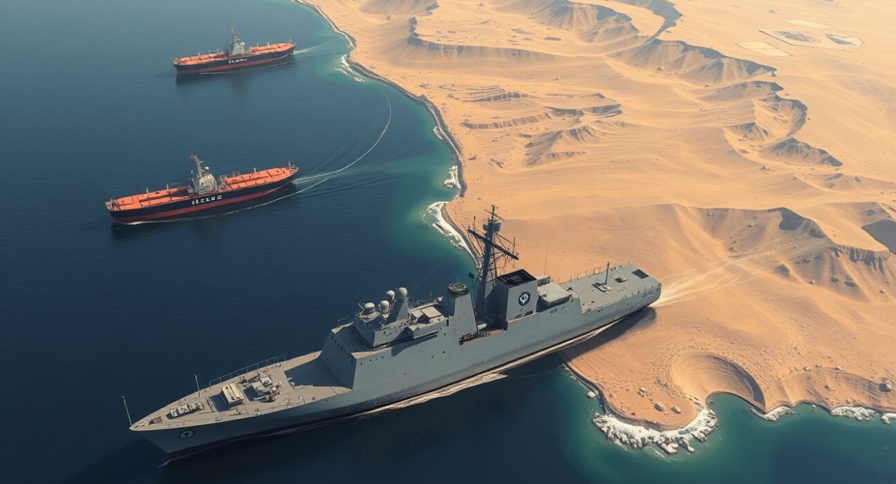 Strategic Strait of Hormuz oil shipping lane with naval vessels, illustrating the geopolitical blockade threat.