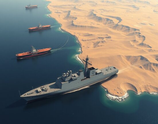 Strategic Strait of Hormuz oil shipping lane with naval vessels, illustrating the geopolitical blockade threat.