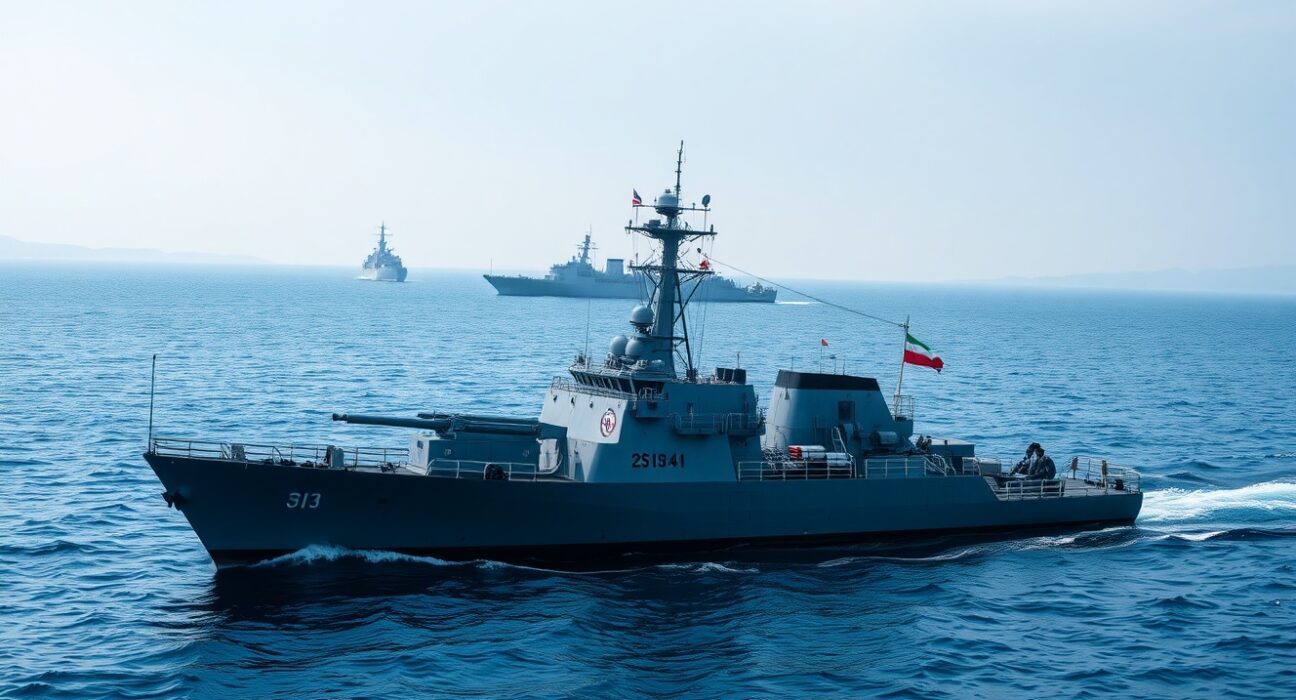 Iranian military vessel patrolling the Strait of Hormuz with US Navy destroyer in distance, illustrating Iran Strait of Hormuz warning to US Navy
