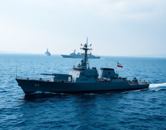 Iranian military vessel patrolling the Strait of Hormuz with US Navy destroyer in distance, illustrating Iran Strait of Hormuz warning to US Navy