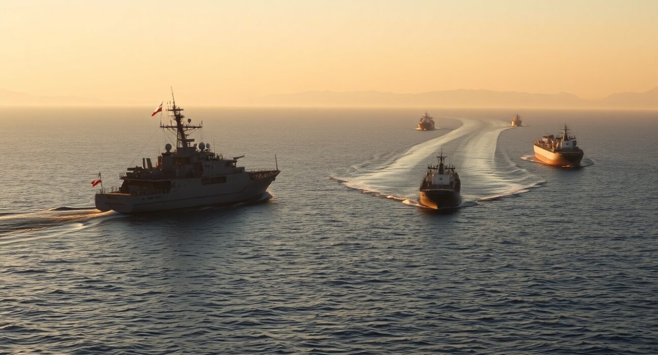 Iranian naval patrol boat in the Strait of Hormuz at dawn with oil tankers in the background.