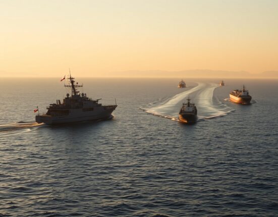 Iranian naval patrol boat in the Strait of Hormuz at dawn with oil tankers in the background.