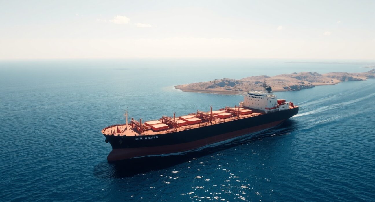 Oil tanker and cargo ship navigating the Strait of Hormuz near the Iranian coastline