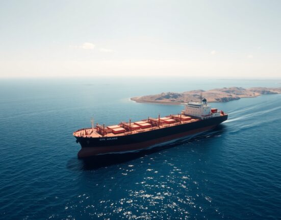 Oil tanker and cargo ship navigating the Strait of Hormuz near the Iranian coastline