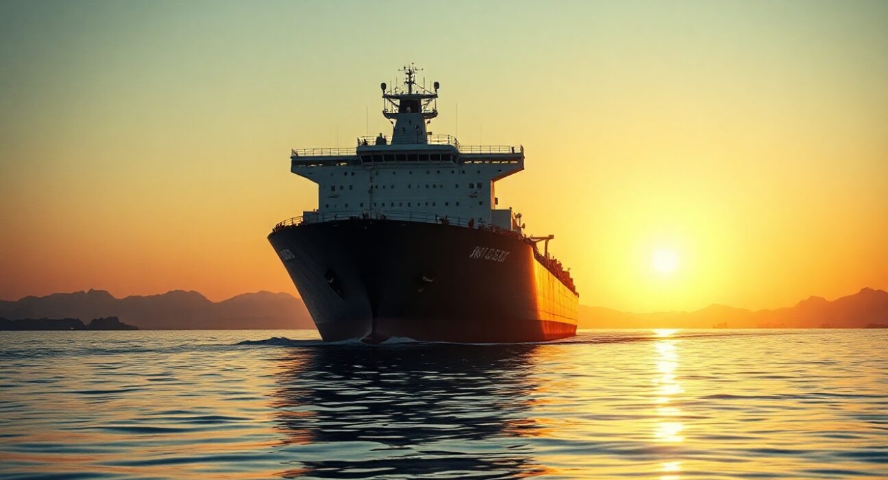 Oil tanker sailing through the Strait of Hormuz with Iranian coastline in the background