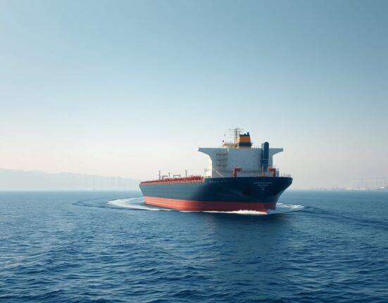 Oil tanker sailing through the Strait of Hormuz under daylight, representing the open shipping route.
