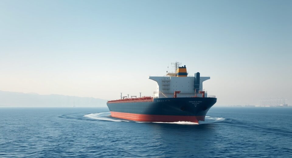 Oil tanker sailing through the Strait of Hormuz under daylight, representing the open shipping route.