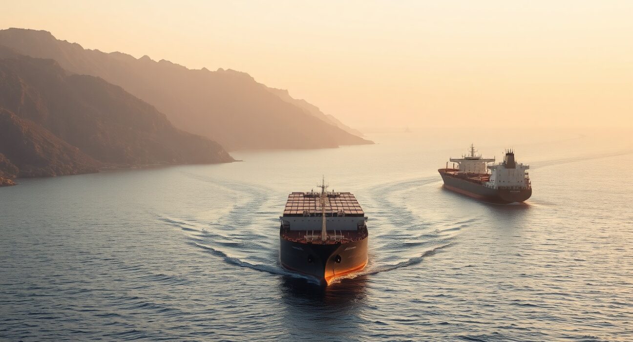 Cargo ship and oil tanker navigating the Strait of Hormuz near the Iranian coastline at dawn