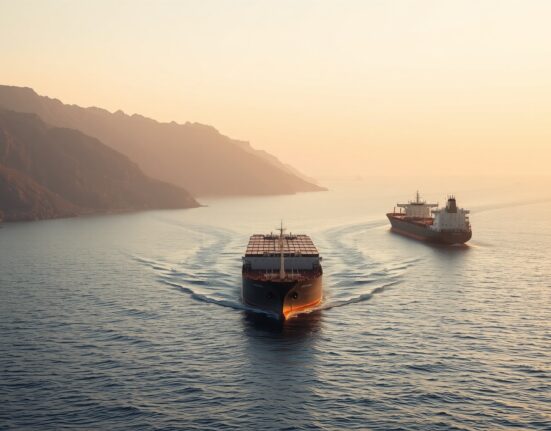 Cargo ship and oil tanker navigating the Strait of Hormuz near the Iranian coastline at dawn