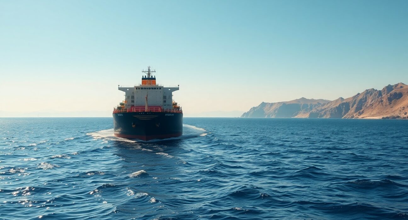 Oil tanker navigating the Strait of Hormuz near the Iranian coastline