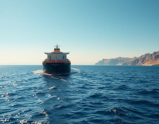 Oil tanker navigating the Strait of Hormuz near the Iranian coastline