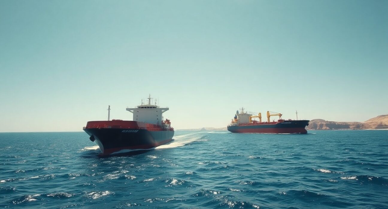 Cargo ship and oil tanker navigating the Strait of Hormuz near the Iranian coast