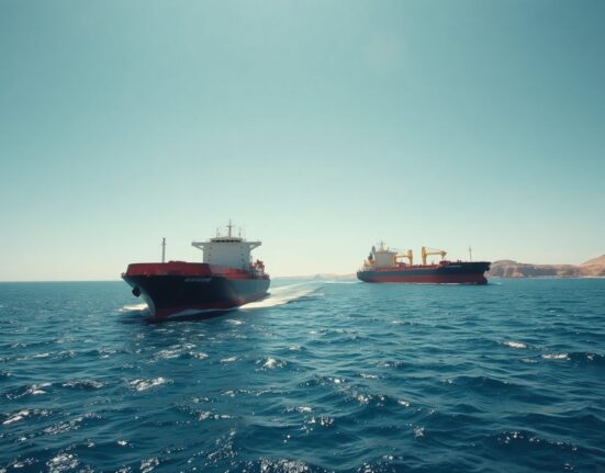 Cargo ship and oil tanker navigating the Strait of Hormuz near the Iranian coast