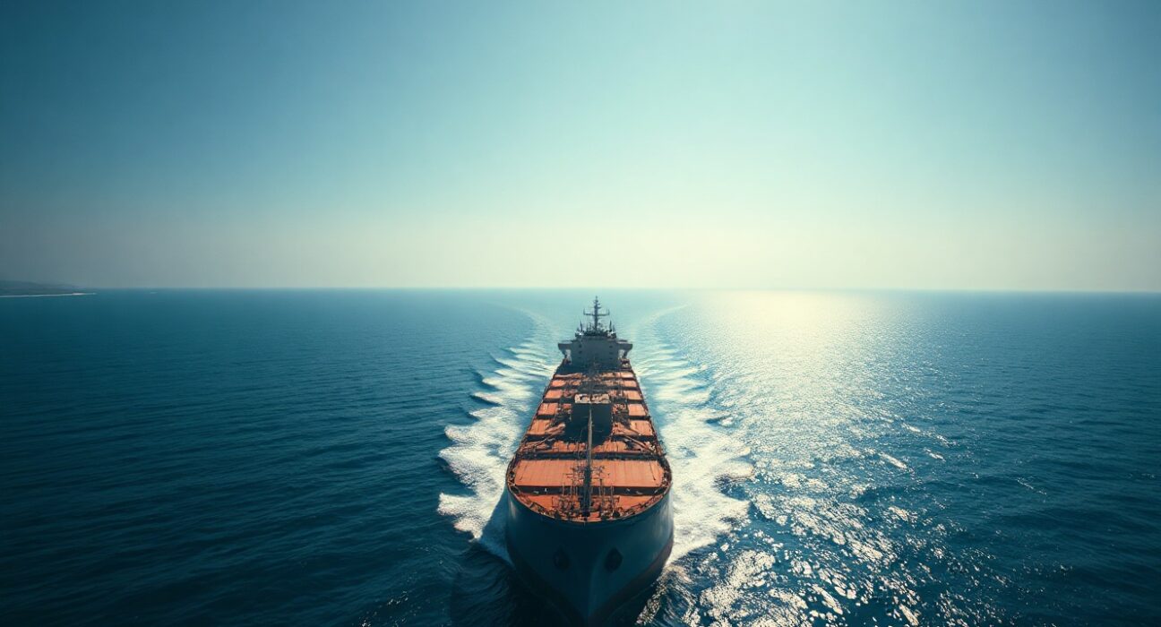 Cargo ship transiting the Strait of Hormuz near the Iranian coast