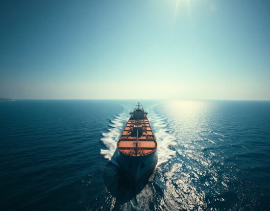 Cargo ship transiting the Strait of Hormuz near the Iranian coast