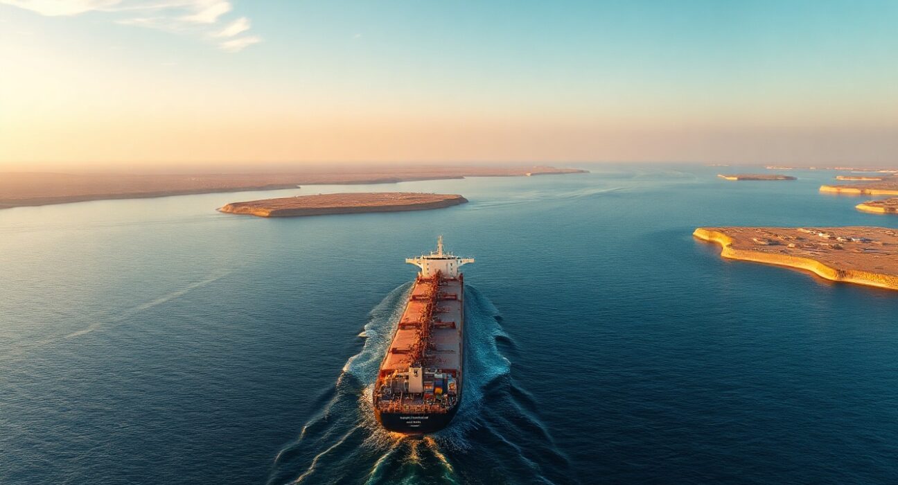 Oil tanker navigating the Strait of Hormuz at dawn with Iranian coastline in background