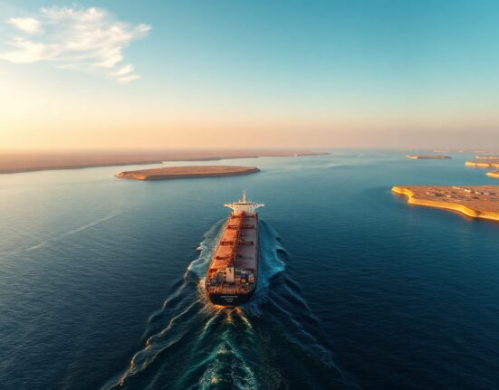Oil tanker navigating the Strait of Hormuz at dawn with Iranian coastline in background