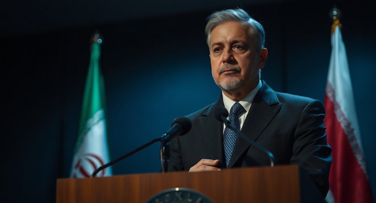 Iranian official at podium with flag in background during press conference
