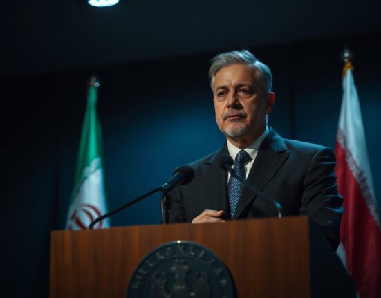 Iranian official at podium with flag in background during press conference