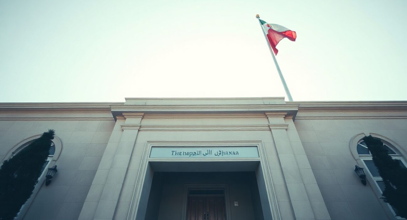 Exterior of a government building in Tehran with Iranian flag, representing Iran's security council.
