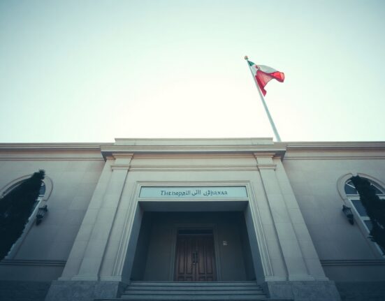 Exterior of a government building in Tehran with Iranian flag, representing Iran's security council.