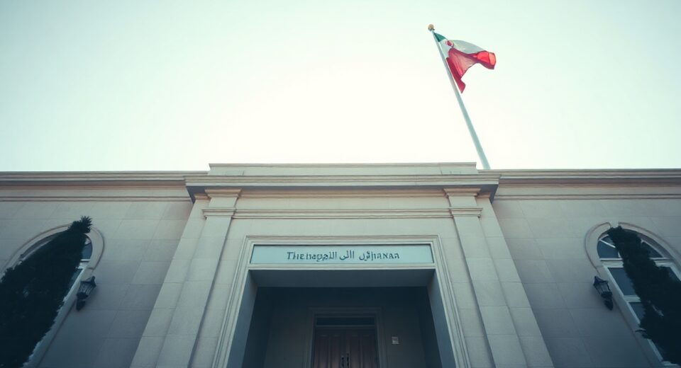 Exterior of a government building in Tehran with Iranian flag, representing Iran's security council.