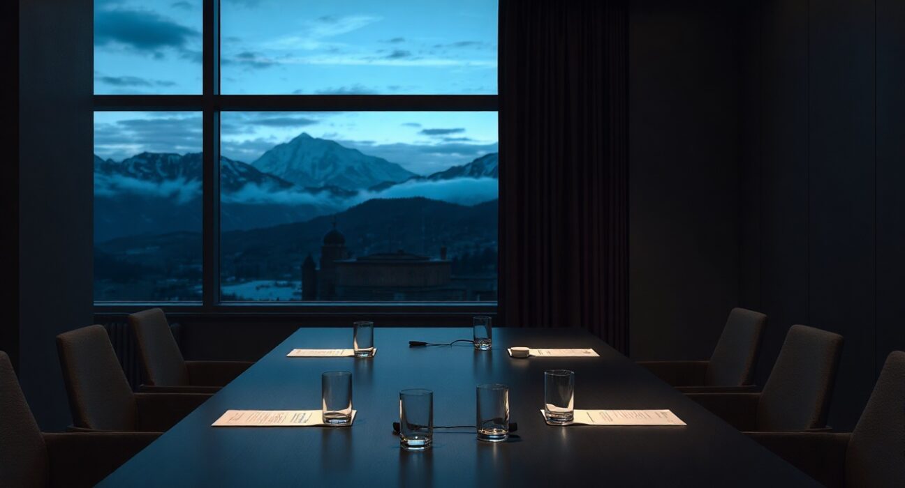 Empty negotiation table in a Swiss conference room after Iran suspended talks with the US